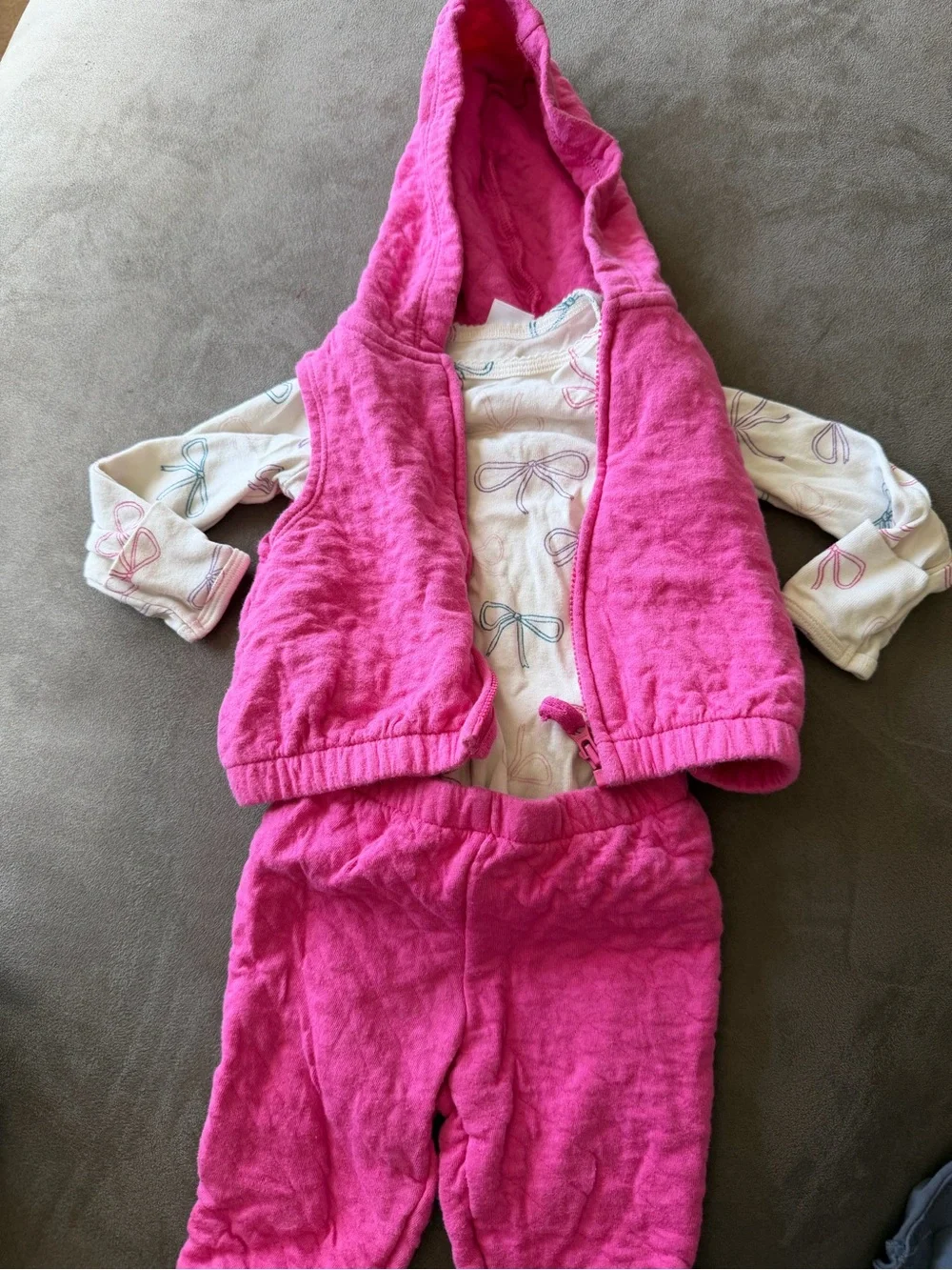 Carters Hot Pink Hooded Vest and Pants Set with Bow Print Top